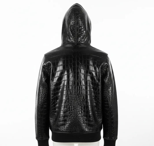"Men's Black Real Leather Hoodie with Red Eagle Embroidery – Crocodile-Embossed Streetwear"