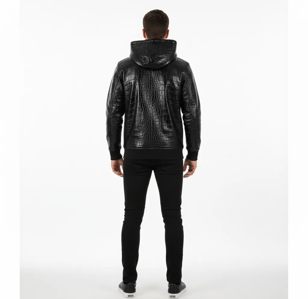 "Men's Black Real Leather Hoodie with Red Eagle Embroidery – Crocodile-Embossed Streetwear"