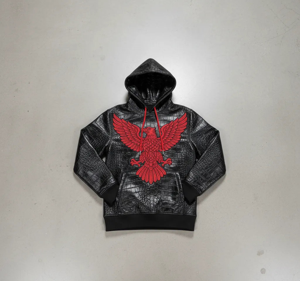 "Men's Black Real Leather Hoodie with Red Eagle Embroidery – Crocodile-Embossed Streetwear"