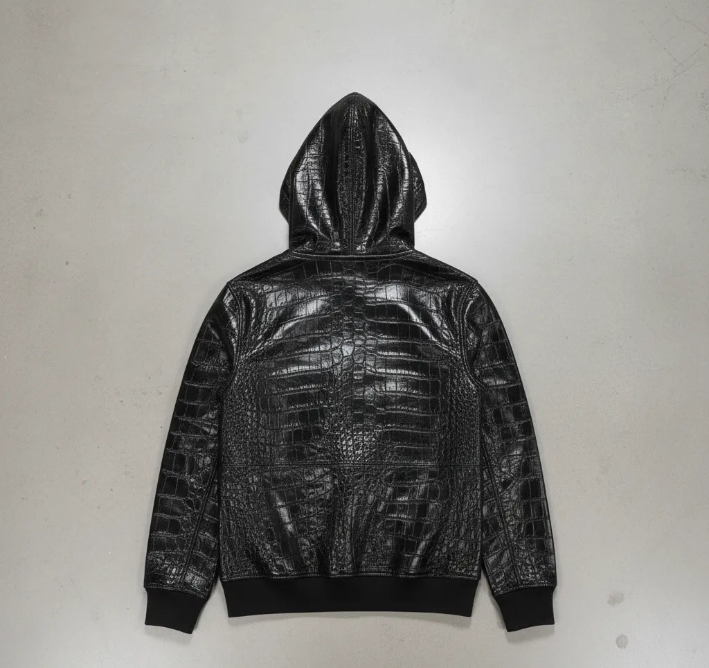 "Men's Black Real Leather Hoodie with Red Eagle Embroidery – Crocodile-Embossed Streetwear"