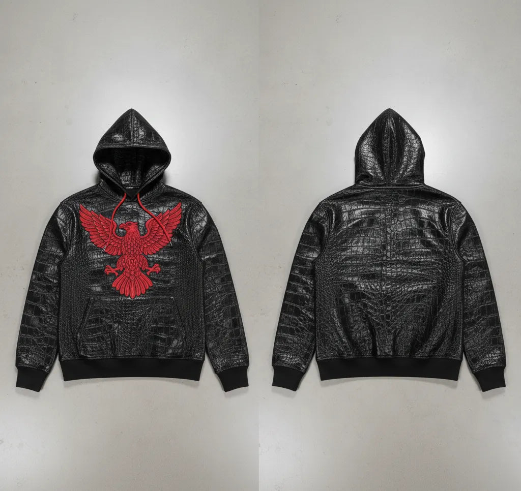 "Men's Black Real Leather Hoodie with Red Eagle Embroidery – Crocodile-Embossed Streetwear"