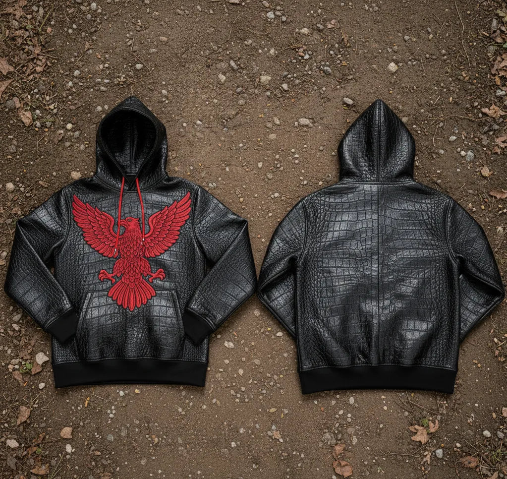 "Men's Black Real Leather Hoodie with Red Eagle Embroidery – Crocodile-Embossed Streetwear"