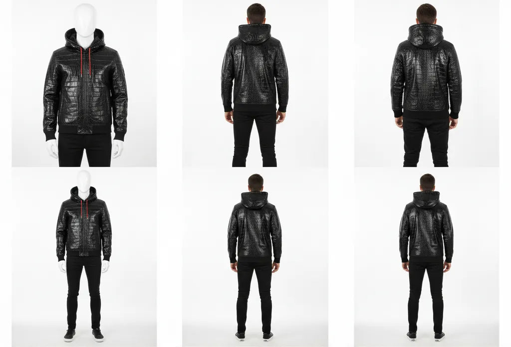 "Men's Black Real Leather Hoodie with Red Eagle Embroidery – Crocodile-Embossed Streetwear"