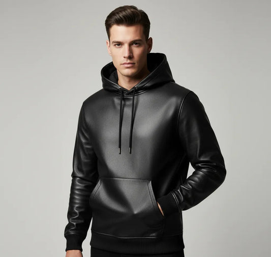 Men's Black Premium Leather Hoodie Handmade Genuine Lambskin Leather Jacket