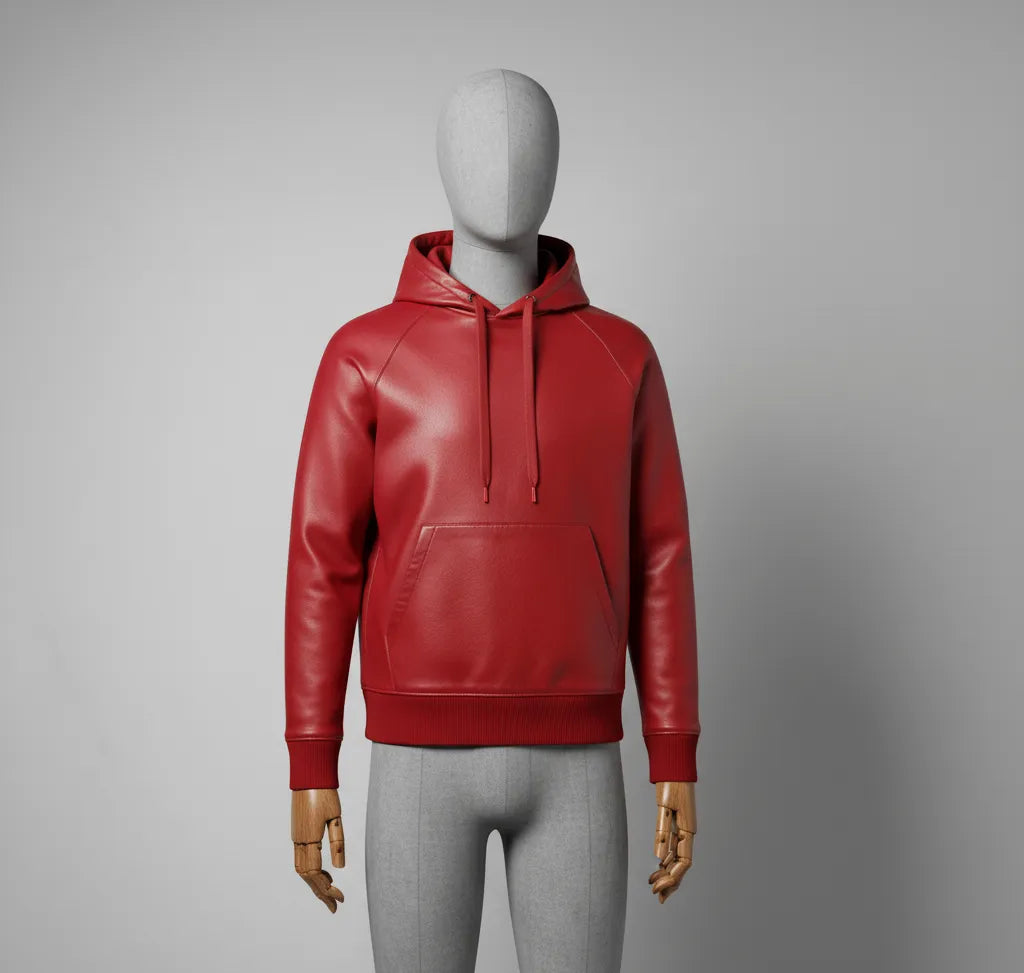 Premium Red Leather Hoodie Jacket for Men | Stylish and Comfortable | Fashion-forward Outerwear