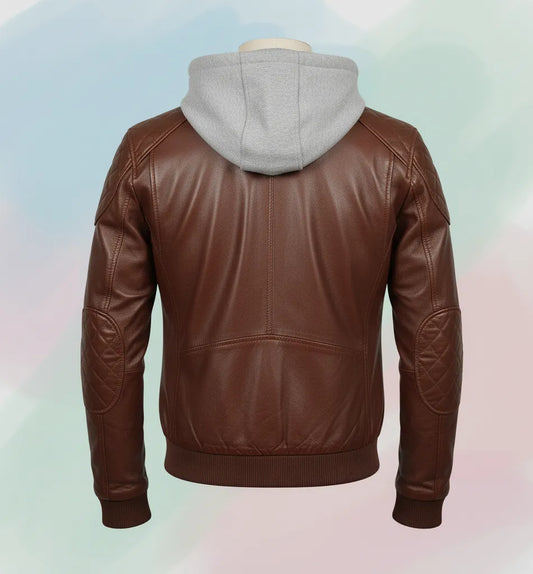 Brown Leather Bomber Jacket with Grey Hoodie for Men | Stylish & Versatile Outerwear