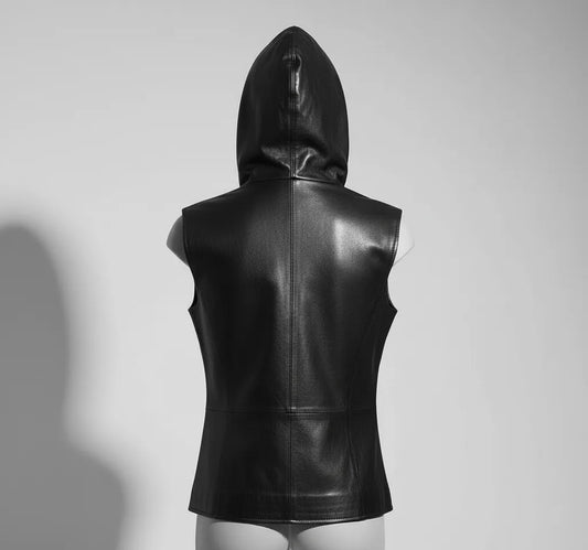 Black Leather Hooded Vest for Women | Premium Quality Sleeveless Hoodie Jacket