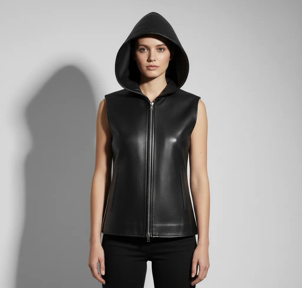 Black Leather Hooded Vest for Women | Premium Quality Sleeveless Hoodie Jacket