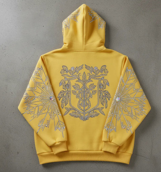 "Elegant Rhinestone Yellow Hoodie with Unique Floral Design"