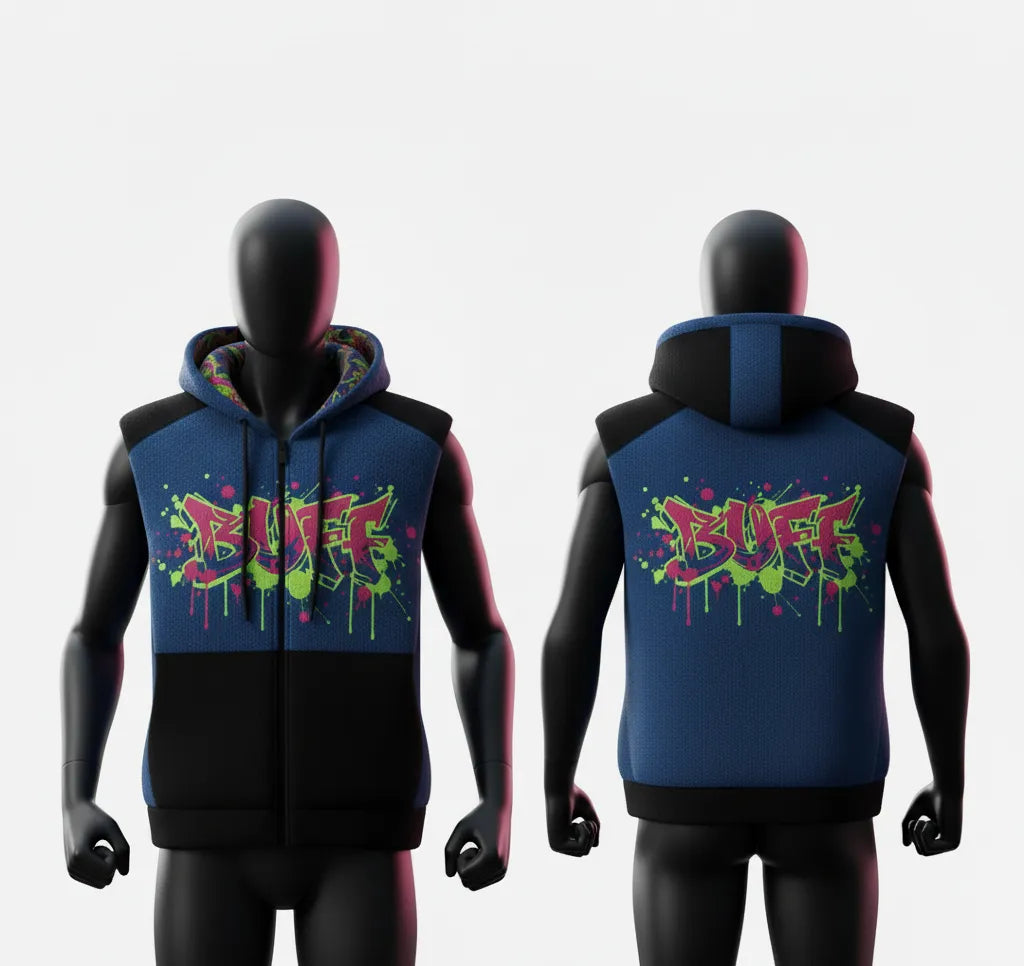 Buff Graffiti Hoodie Vest - Urban Streetwear | Trendy & Stylish Zip-Up Hoodie with Vibrant Design