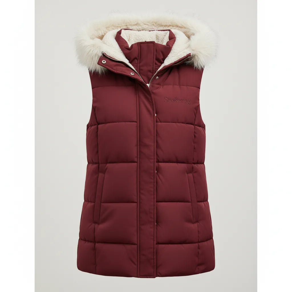 Seekerxg Women's Sleeveless Puffer Jacket with Faux Fur Hood – Stylish Warmth for Fall & Winter