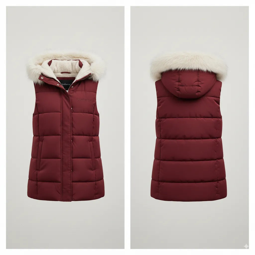 Seekerxg Women's Sleeveless Puffer Jacket with Faux Fur Hood – Stylish Warmth for Fall & Winter