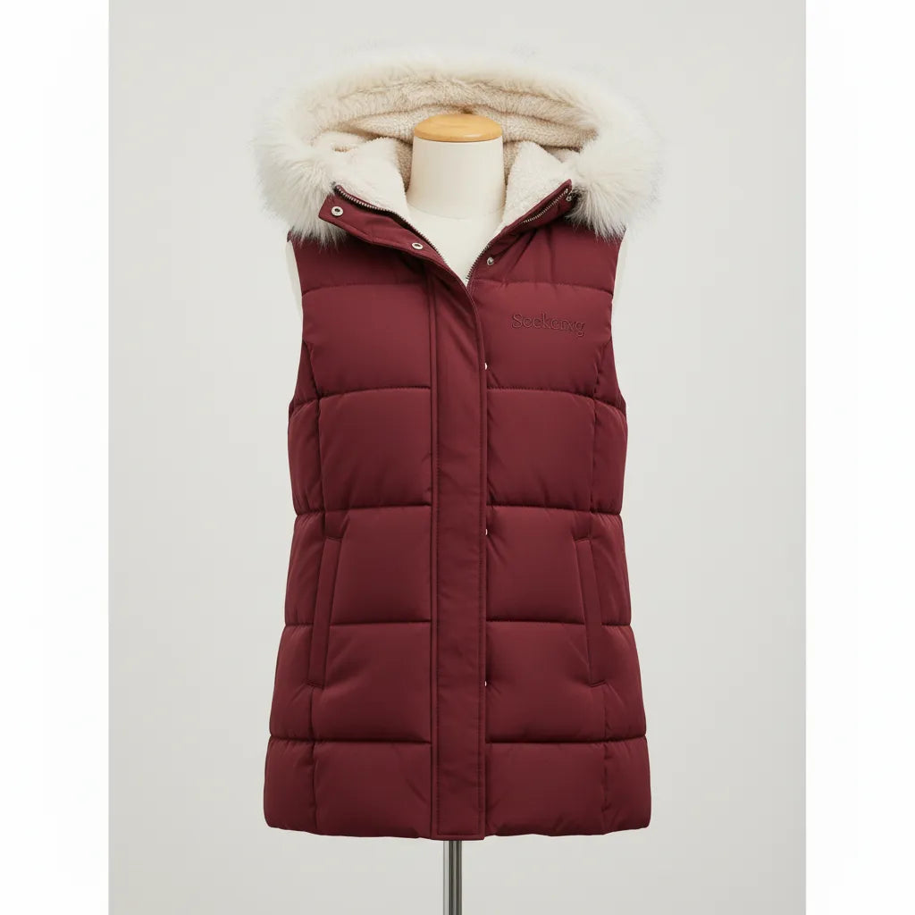 Seekerxg Women's Sleeveless Puffer Jacket with Faux Fur Hood – Stylish Warmth for Fall & Winter