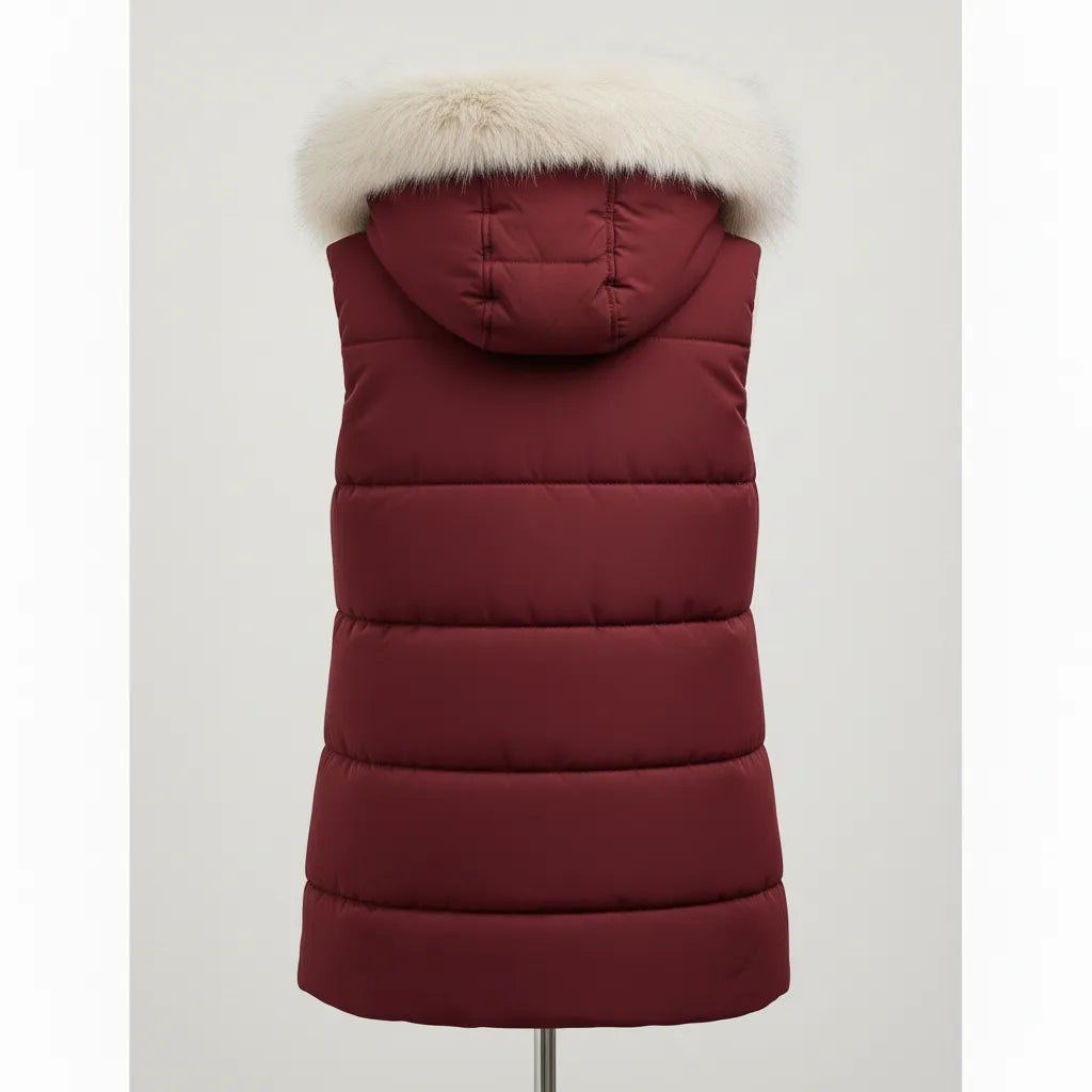 Seekerxg Women's Sleeveless Puffer Jacket with Faux Fur Hood – Stylish Warmth for Fall & Winter