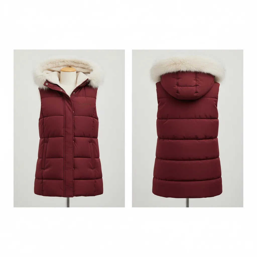 Seekerxg Women's Sleeveless Puffer Jacket with Faux Fur Hood – Stylish Warmth for Fall & Winter