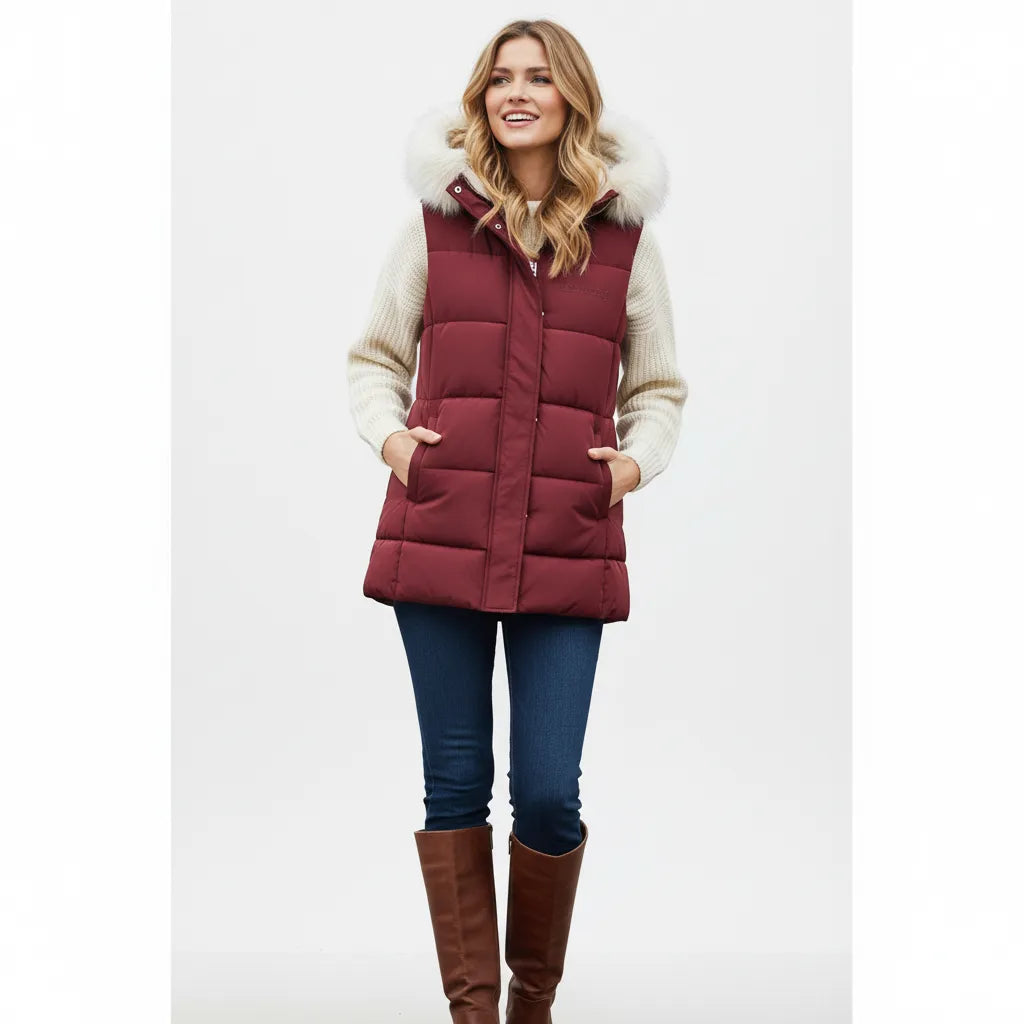 Seekerxg Women's Sleeveless Puffer Jacket with Faux Fur Hood – Stylish Warmth for Fall & Winter