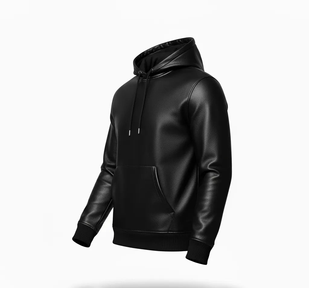 Men's Black Premium Leather Hoodie Handmade Genuine Lambskin Leather Jacket