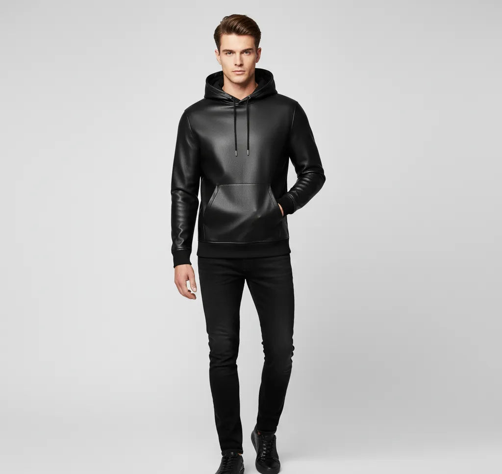 Men's Black Premium Leather Hoodie Handmade Genuine Lambskin Leather Jacket