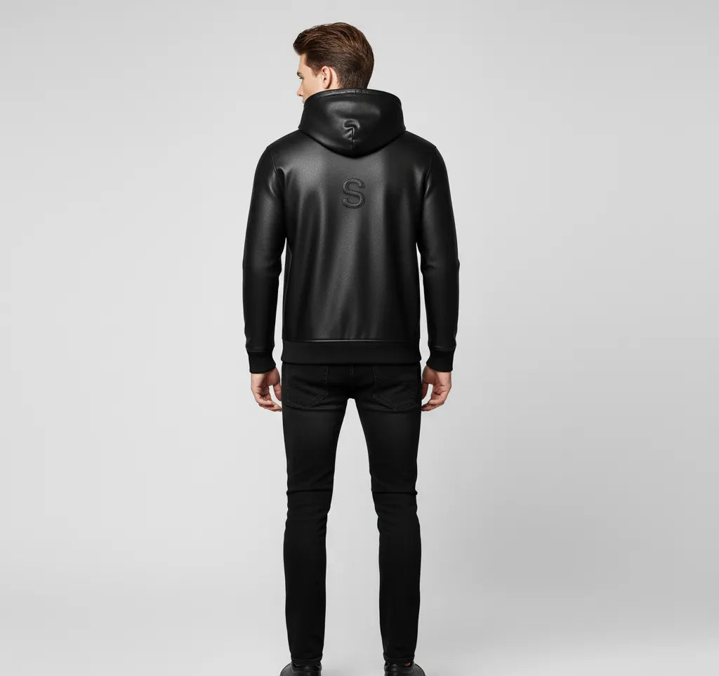 Men's Black Premium Leather Hoodie Handmade Genuine Lambskin Leather Jacket