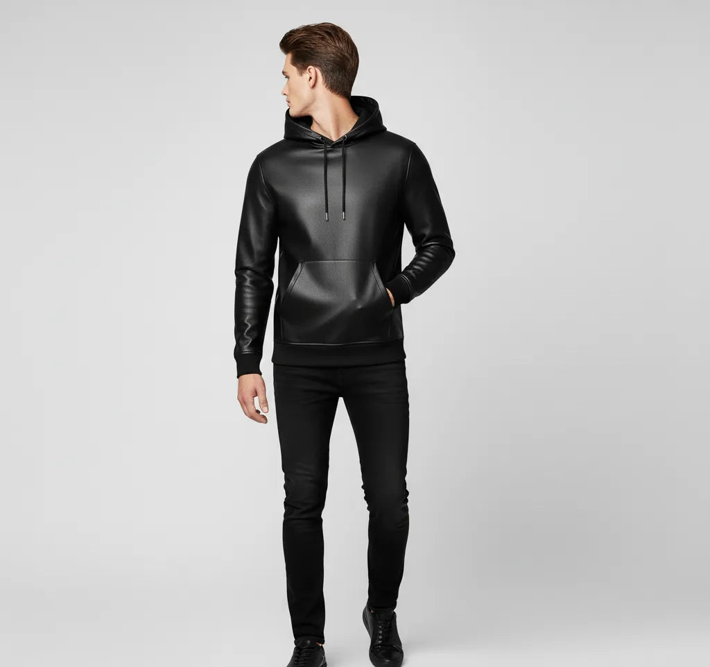 Men's Black Premium Leather Hoodie Handmade Genuine Lambskin Leather Jacket