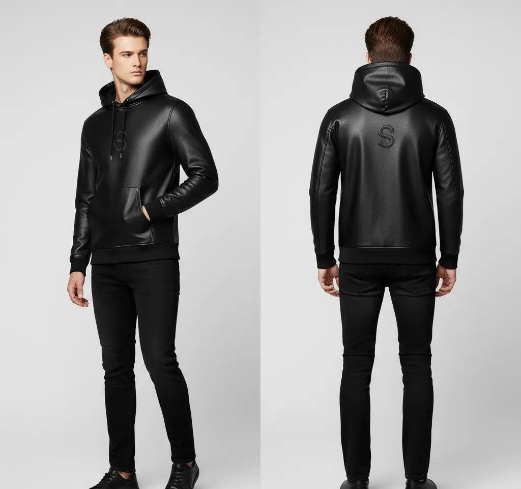 Men's Black Premium Leather Hoodie Handmade Genuine Lambskin Leather Jacket