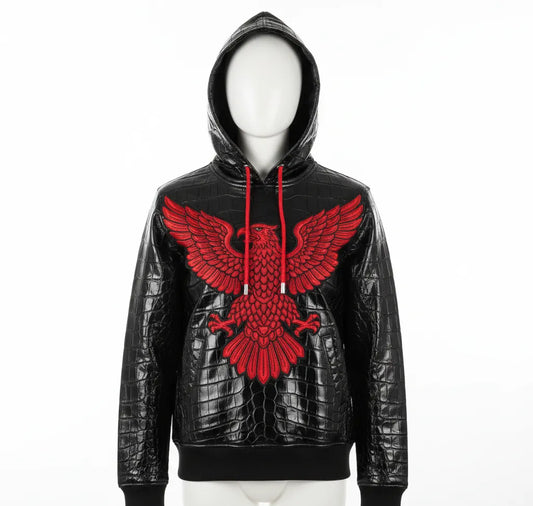 "Men's Black Real Leather Hoodie with Red Eagle Embroidery – Crocodile-Embossed Streetwear"
