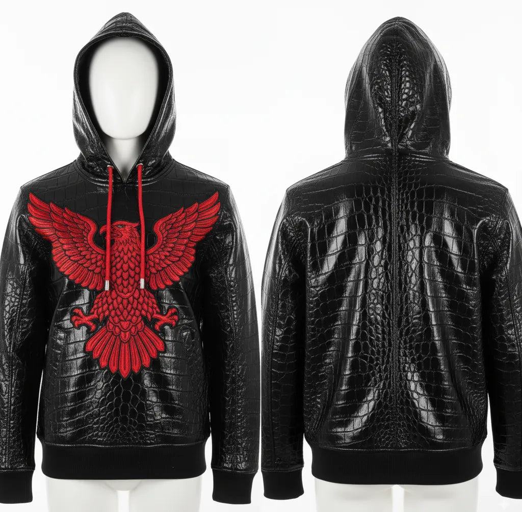 "Men's Black Real Leather Hoodie with Red Eagle Embroidery – Crocodile-Embossed Streetwear"