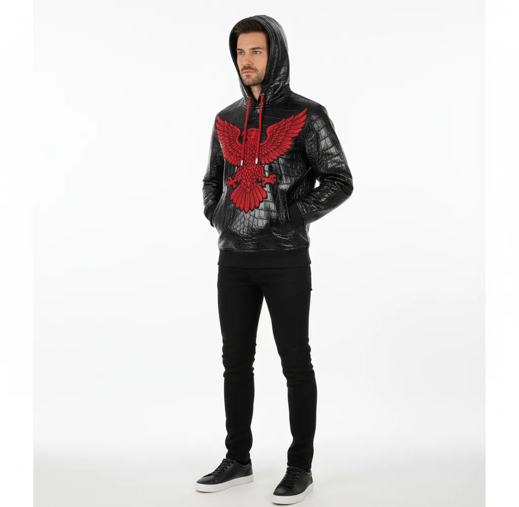 "Men's Black Real Leather Hoodie with Red Eagle Embroidery – Crocodile-Embossed Streetwear"