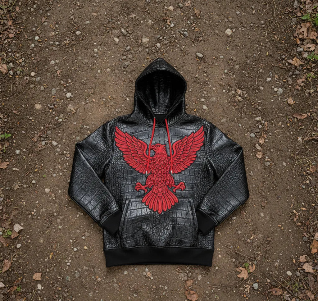 "Men's Black Real Leather Hoodie with Red Eagle Embroidery – Crocodile-Embossed Streetwear"