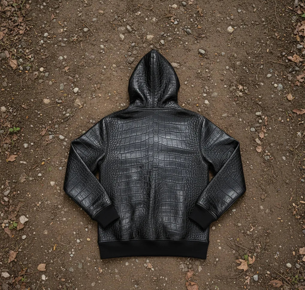 "Men's Black Real Leather Hoodie with Red Eagle Embroidery – Crocodile-Embossed Streetwear"