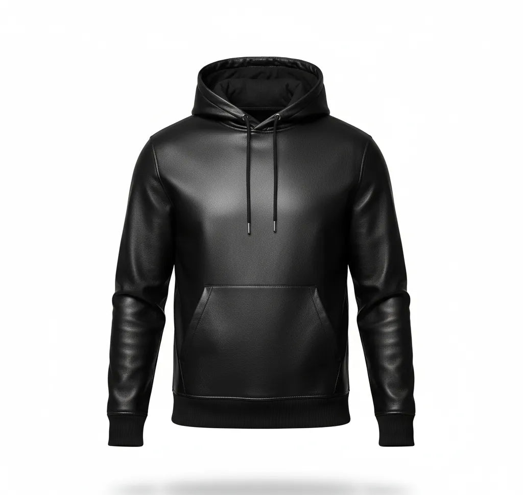 Men's Black Premium Leather Hoodie Handmade Genuine Lambskin Leather Jacket