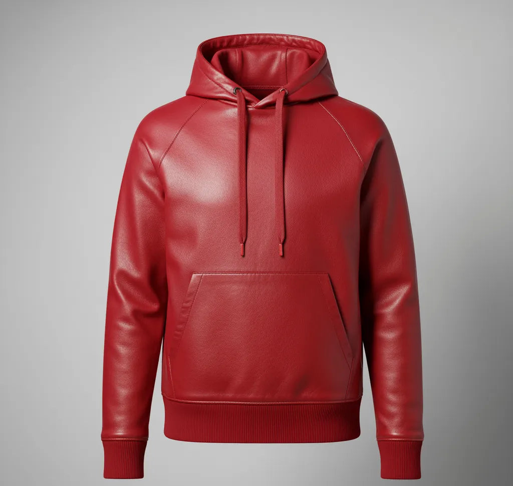 Premium Red Leather Hoodie Jacket for Men | Stylish and Comfortable | Fashion-forward Outerwear