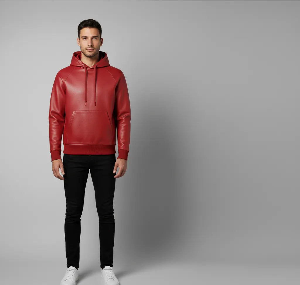 Premium Red Leather Hoodie Jacket for Men | Stylish and Comfortable | Fashion-forward Outerwear
