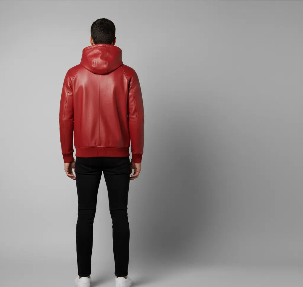 Premium Red Leather Hoodie Jacket for Men | Stylish and Comfortable | Fashion-forward Outerwear
