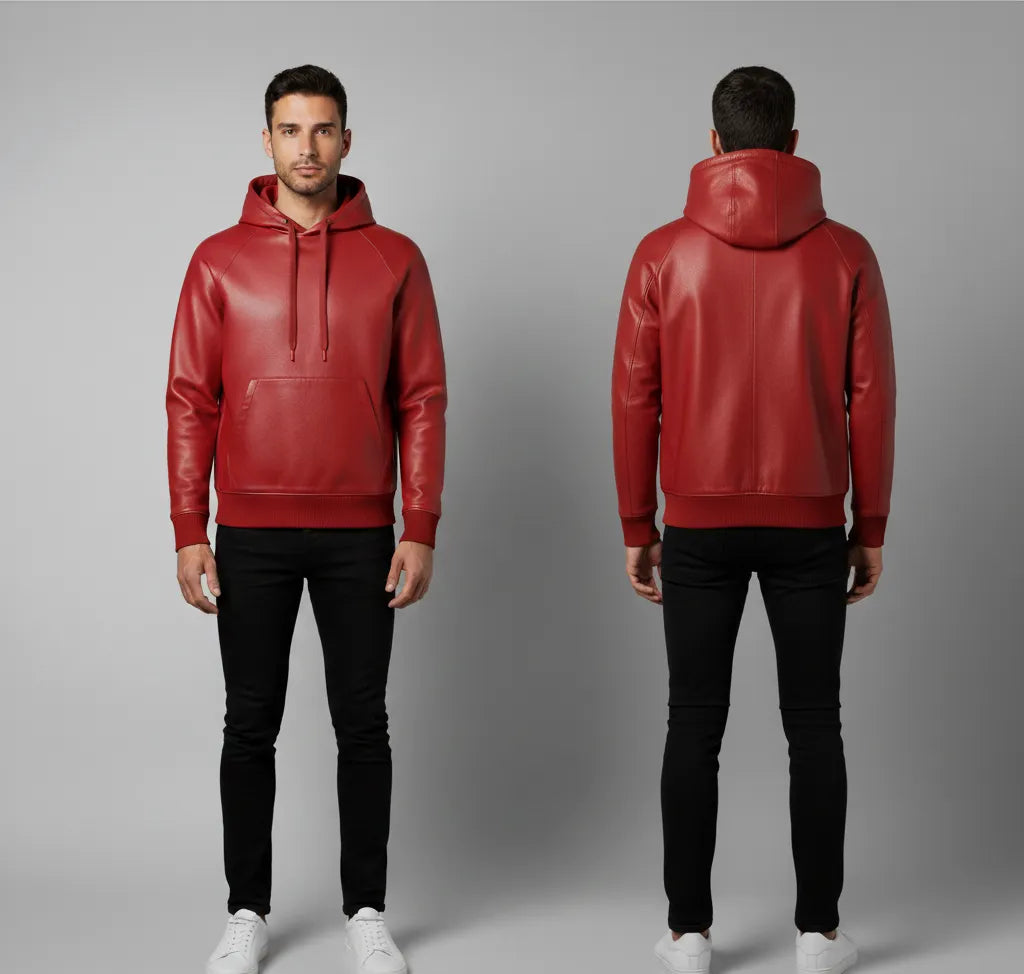 Premium Red Leather Hoodie Jacket for Men | Stylish and Comfortable | Fashion-forward Outerwear