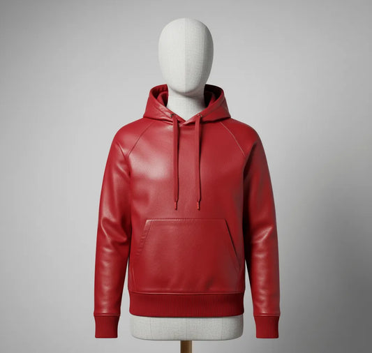 Premium Red Leather Hoodie Jacket for Men | Stylish and Comfortable | Fashion-forward Outerwear