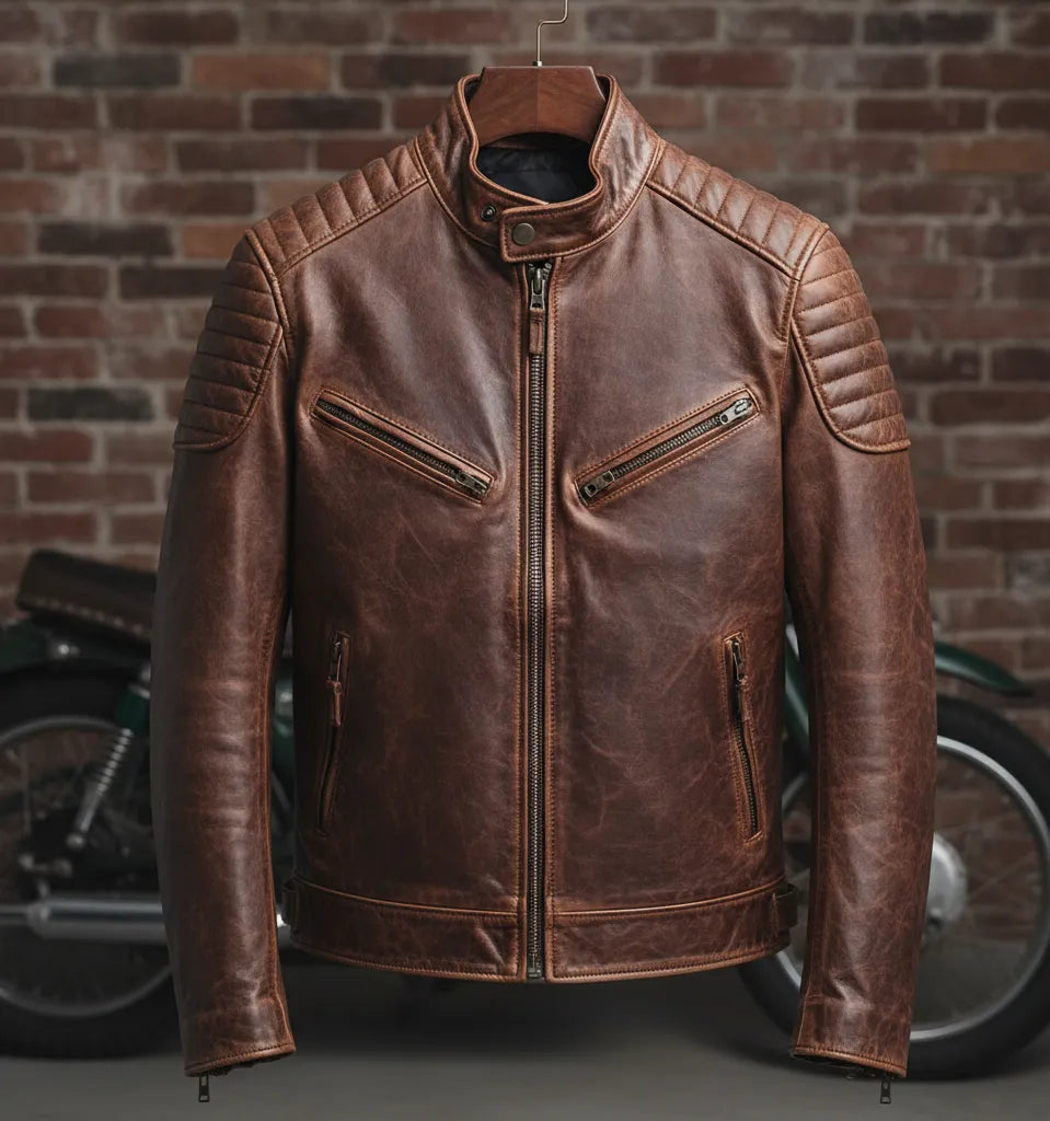 Vintage Brown Leather Biker Jacket with Quilted Shoulders for Men | Stylish & Durable Outerwear
