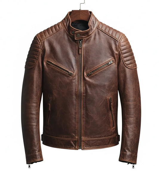 Vintage Brown Leather Biker Jacket with Quilted Shoulders for Men | Stylish & Durable Outerwear