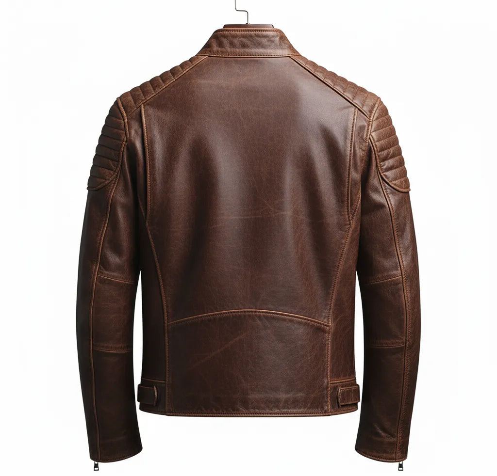 Vintage Brown Leather Biker Jacket with Quilted Shoulders for Men | Stylish & Durable Outerwear