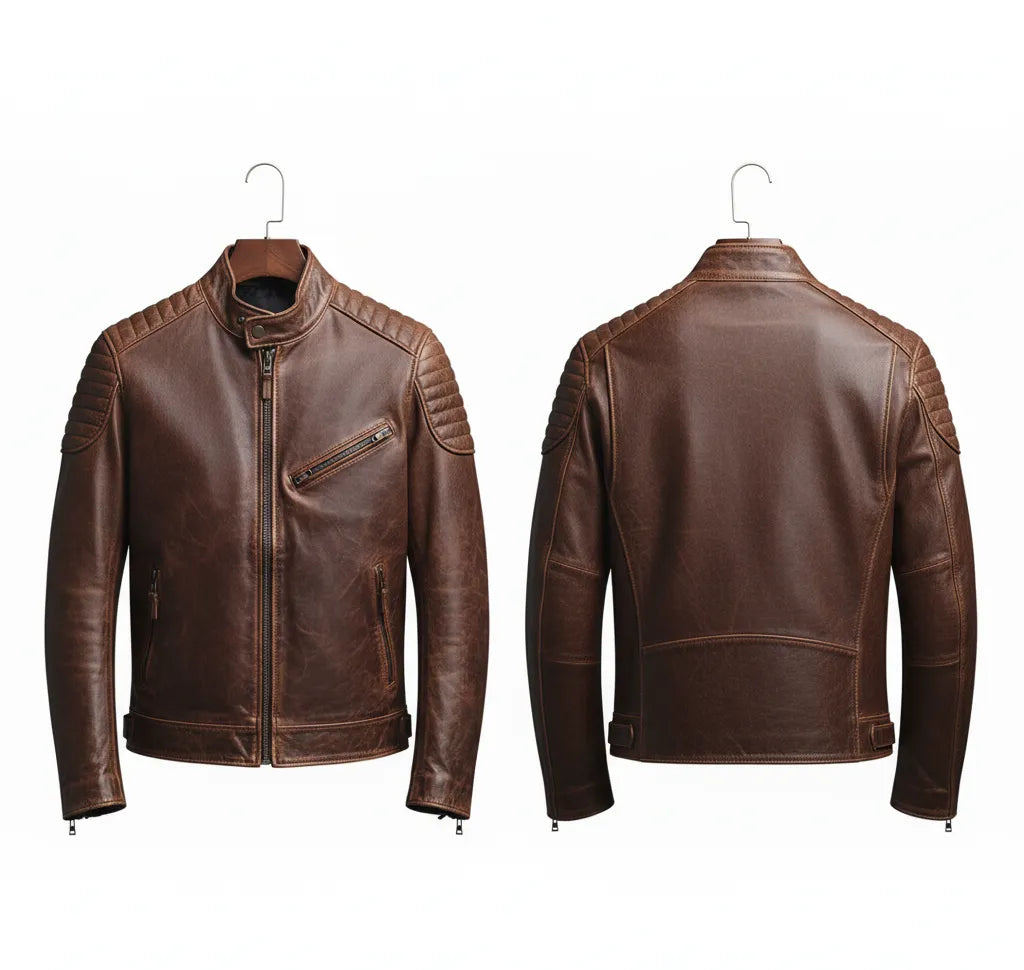 Vintage Brown Leather Biker Jacket with Quilted Shoulders for Men | Stylish & Durable Outerwear