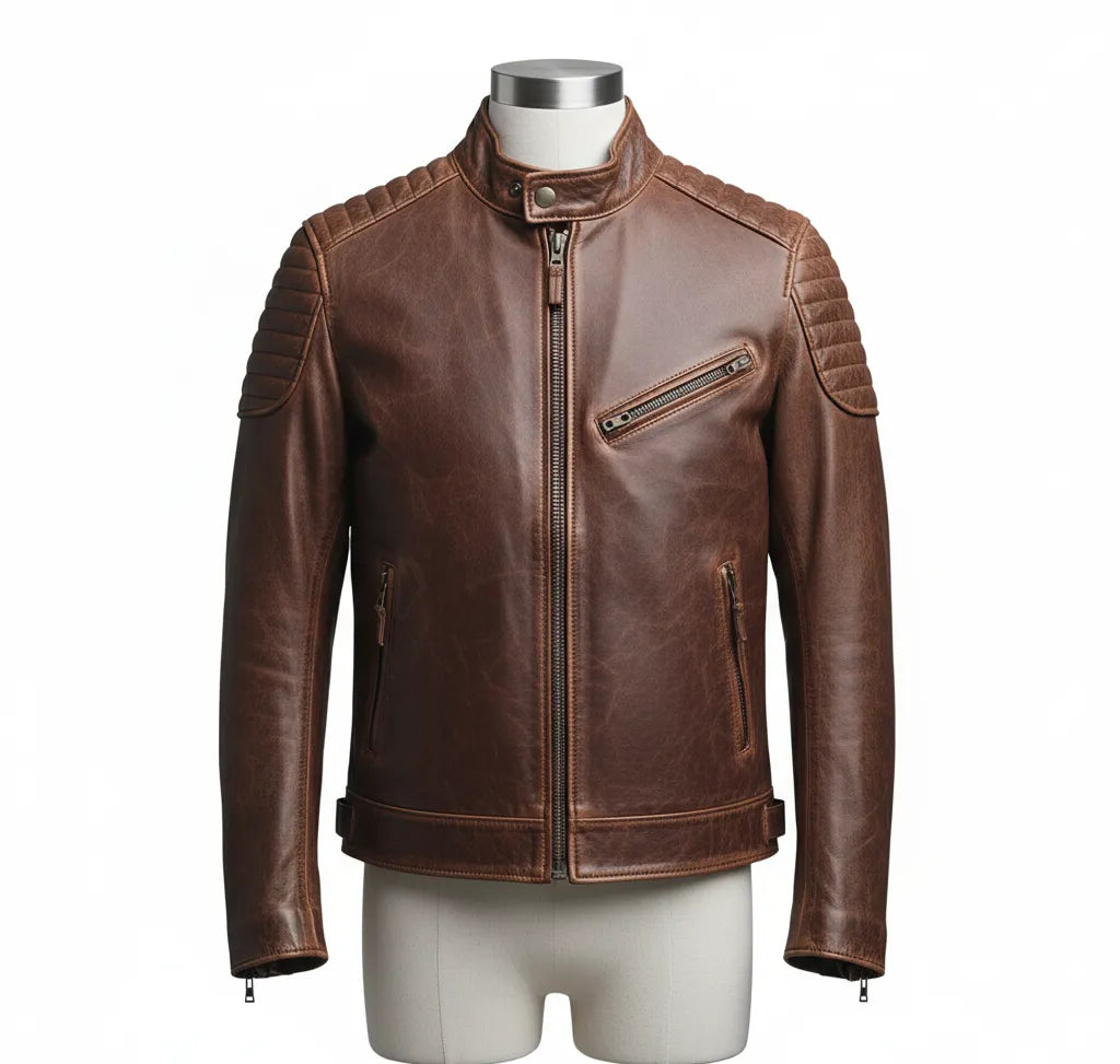 Vintage Brown Leather Biker Jacket with Quilted Shoulders for Men | Stylish & Durable Outerwear