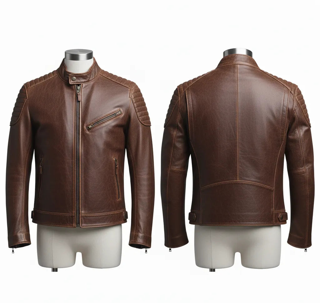 Vintage Brown Leather Biker Jacket with Quilted Shoulders for Men | Stylish & Durable Outerwear