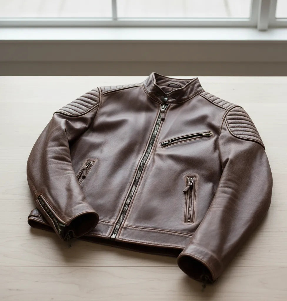Vintage Brown Leather Biker Jacket with Quilted Shoulders for Men | Stylish & Durable Outerwear