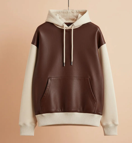 Two-Tone Leather Hoodie for Men | Premium Brown and Beige Colorblock Hoodie