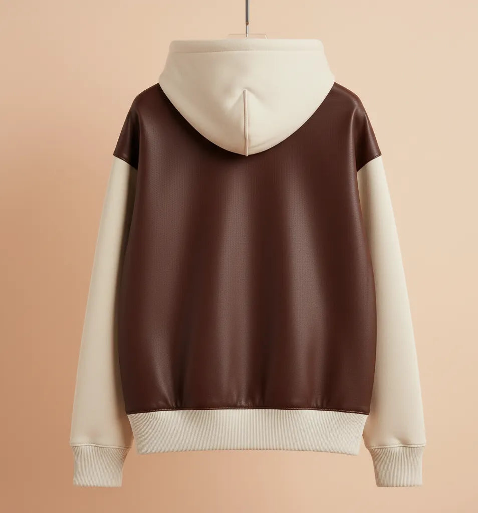 Two-Tone Leather Hoodie for Men | Premium Brown and Beige Colorblock Hoodie