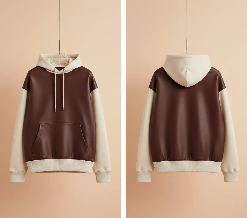 Two-Tone Leather Hoodie for Men | Premium Brown and Beige Colorblock Hoodie