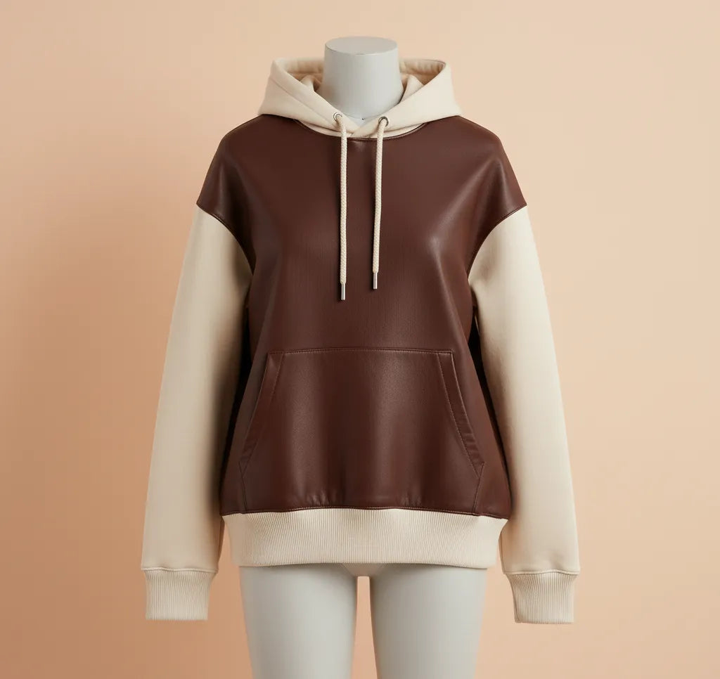 Two-Tone Leather Hoodie for Men | Premium Brown and Beige Colorblock Hoodie