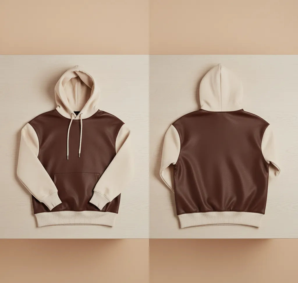 Two-Tone Leather Hoodie for Men | Premium Brown and Beige Colorblock Hoodie