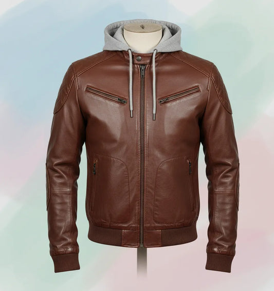 Brown Leather Bomber Jacket with Grey Hoodie for Men | Stylish & Versatile Outerwear