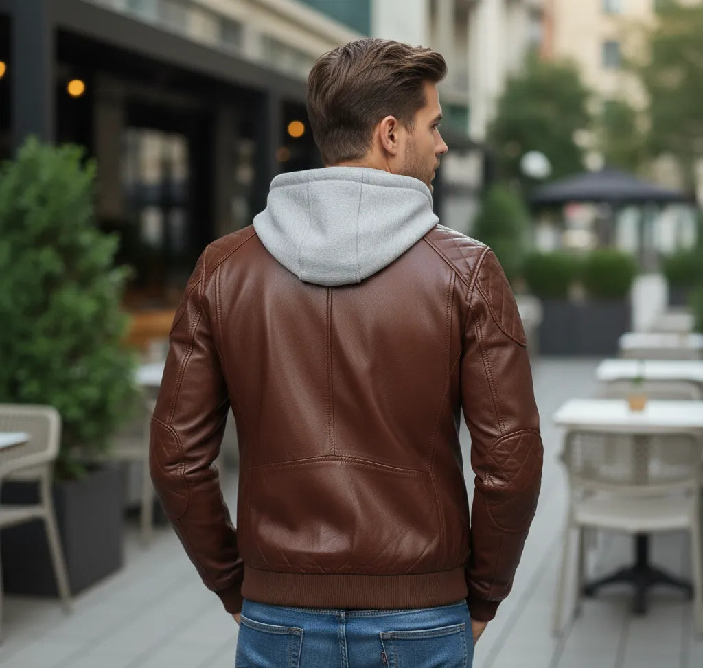 Brown Leather Bomber Jacket with Grey Hoodie for Men | Stylish & Versatile Outerwear